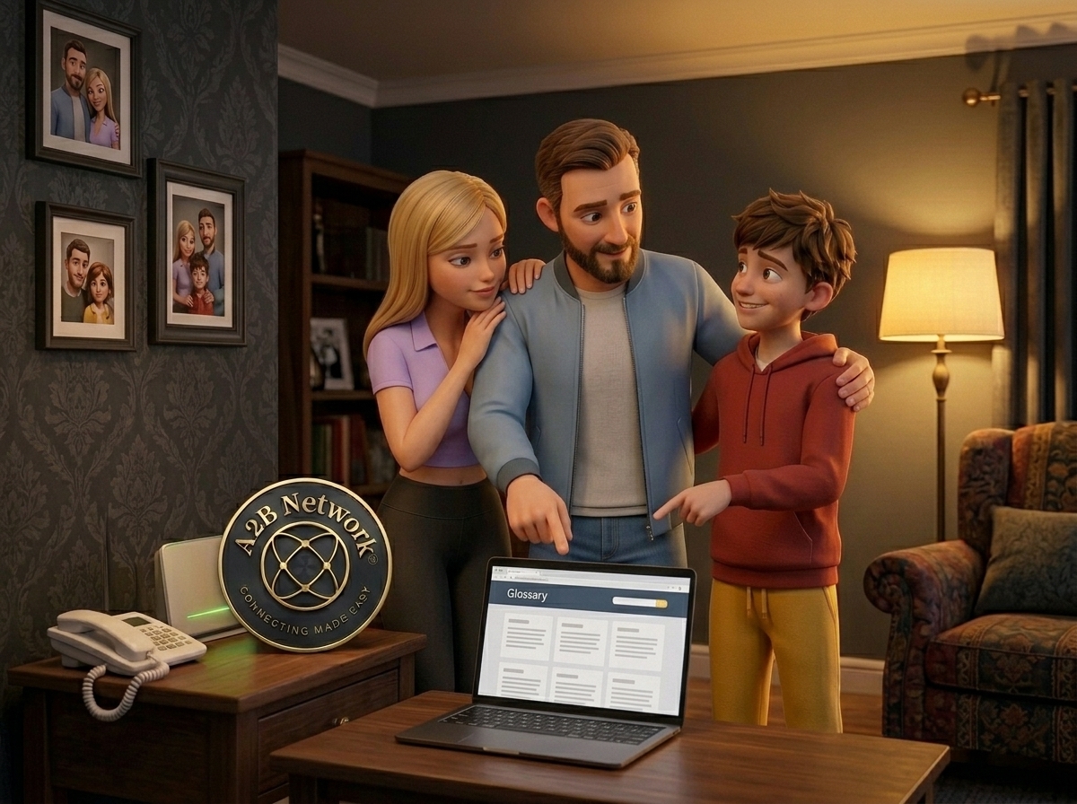 Family gathered around a laptop