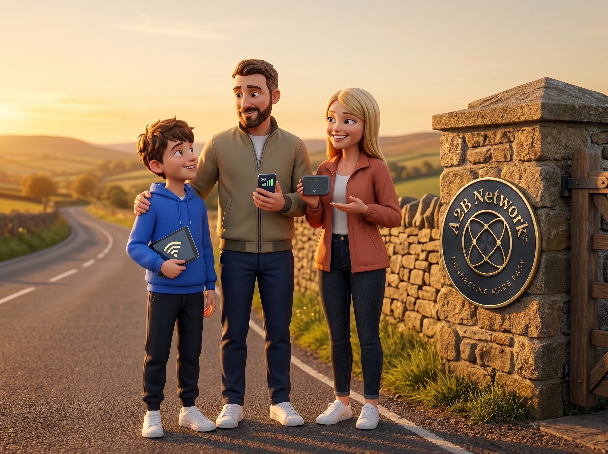 A2B Family on rural road with mobile signal