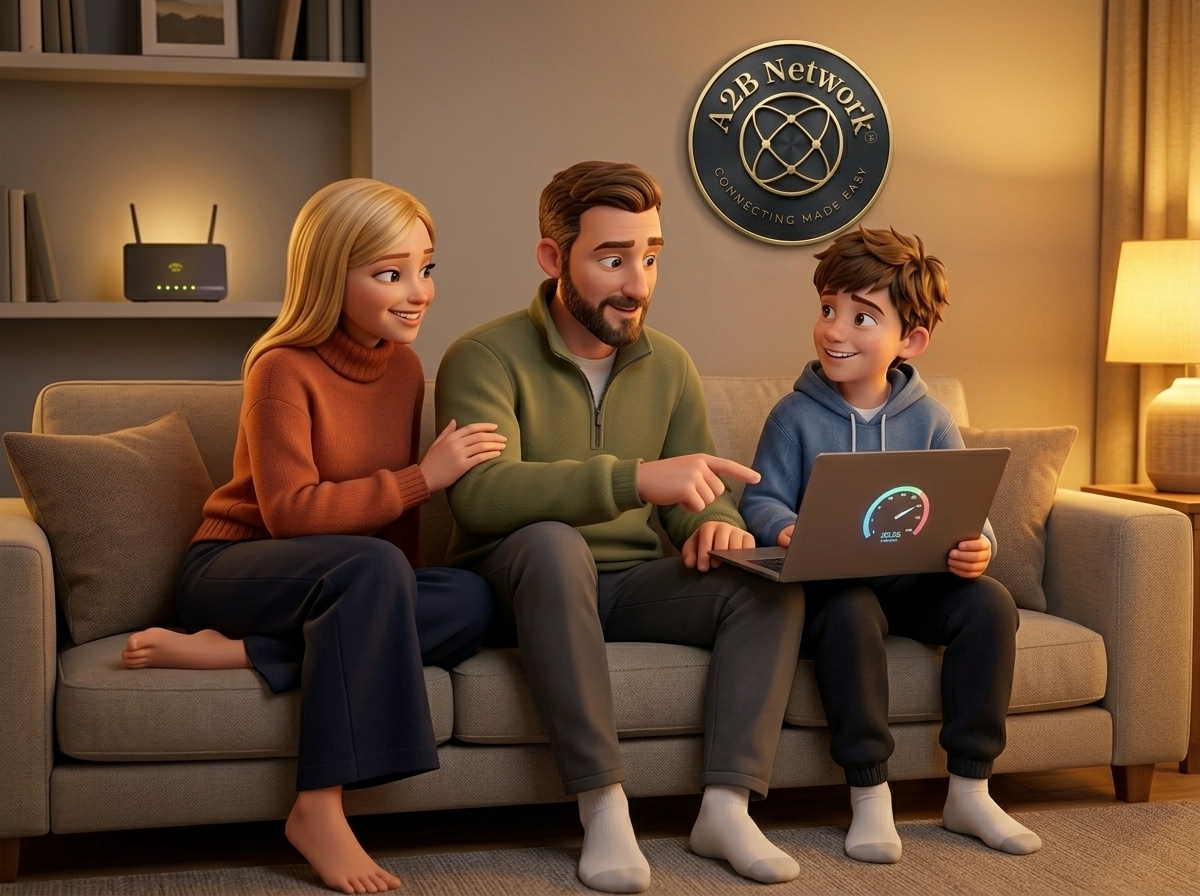 A2B Family on the sofa checking broadband speeds