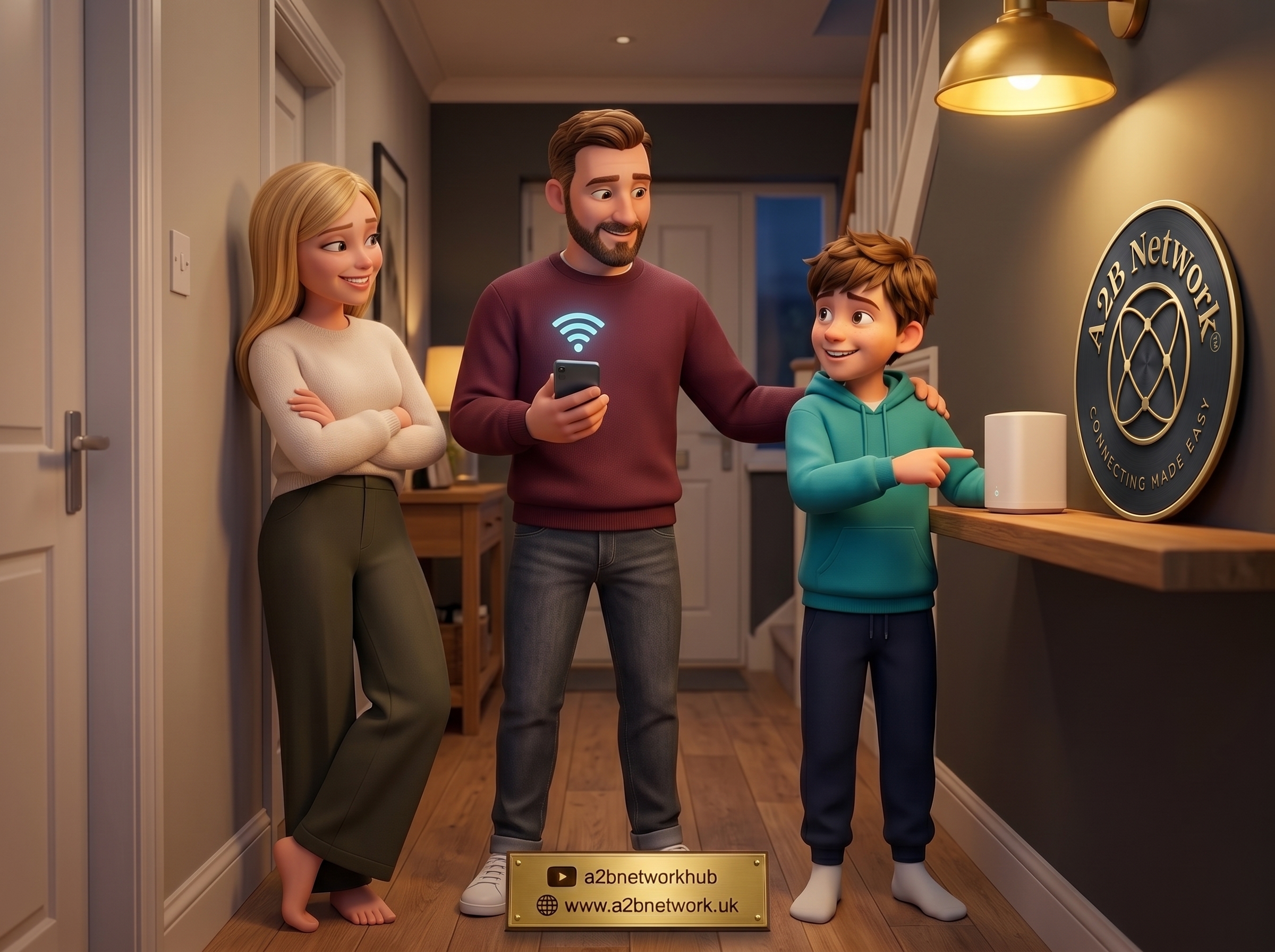 A2B Family standing in hallway by wifi mesh node