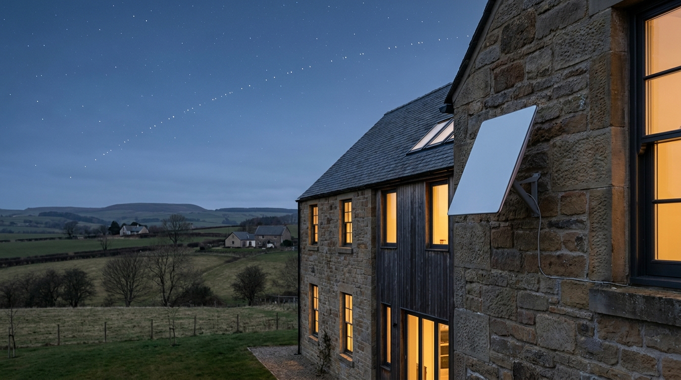 Satellite broadband terminal on a rural farmhouse — A2B Network's guide to business satellite connectivity