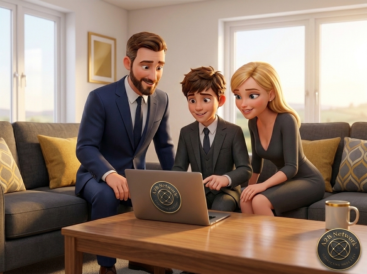 Animated family watching an A2B Network YouTube video together at home