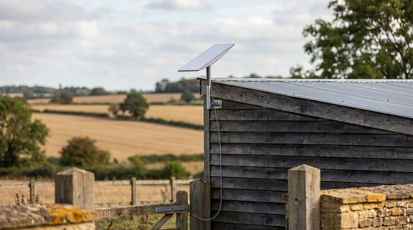 Satellite broadband terminal on a rural farmhouse shed — A2B Network's guide to business satellite connectivity