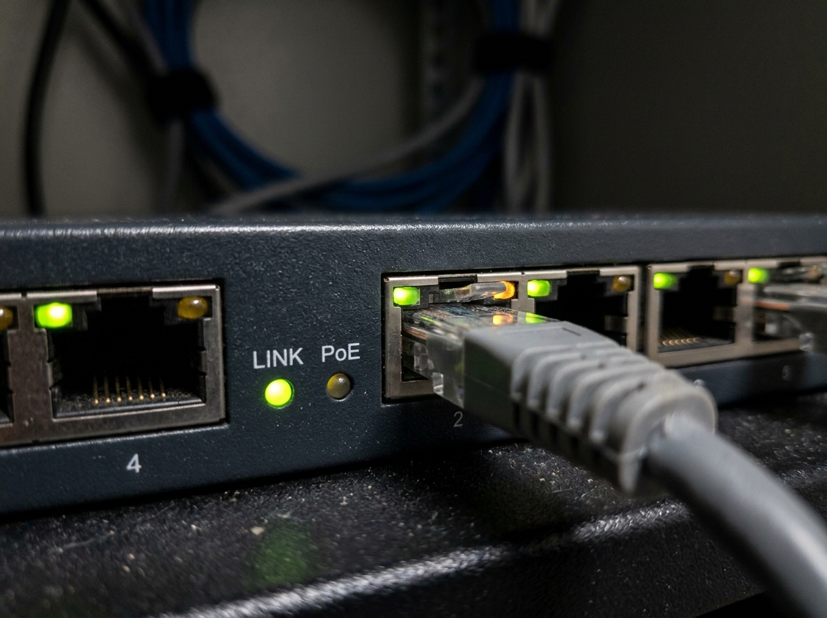 A2B Network how-to guide — checking link and PoE status lights on a network switch port