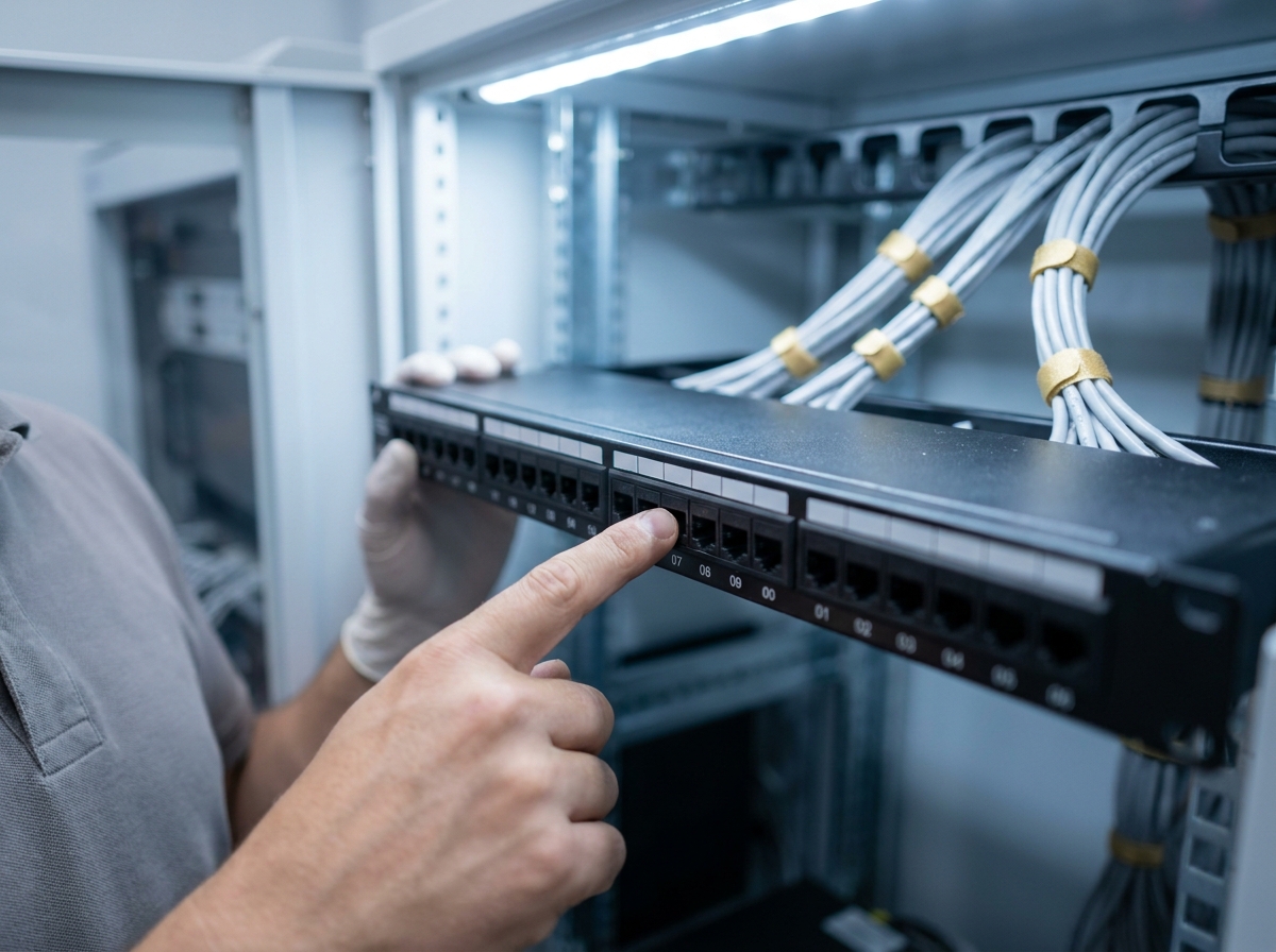 A2B Network how-to guide — identifying a labelled patch panel port in a comms cabinet