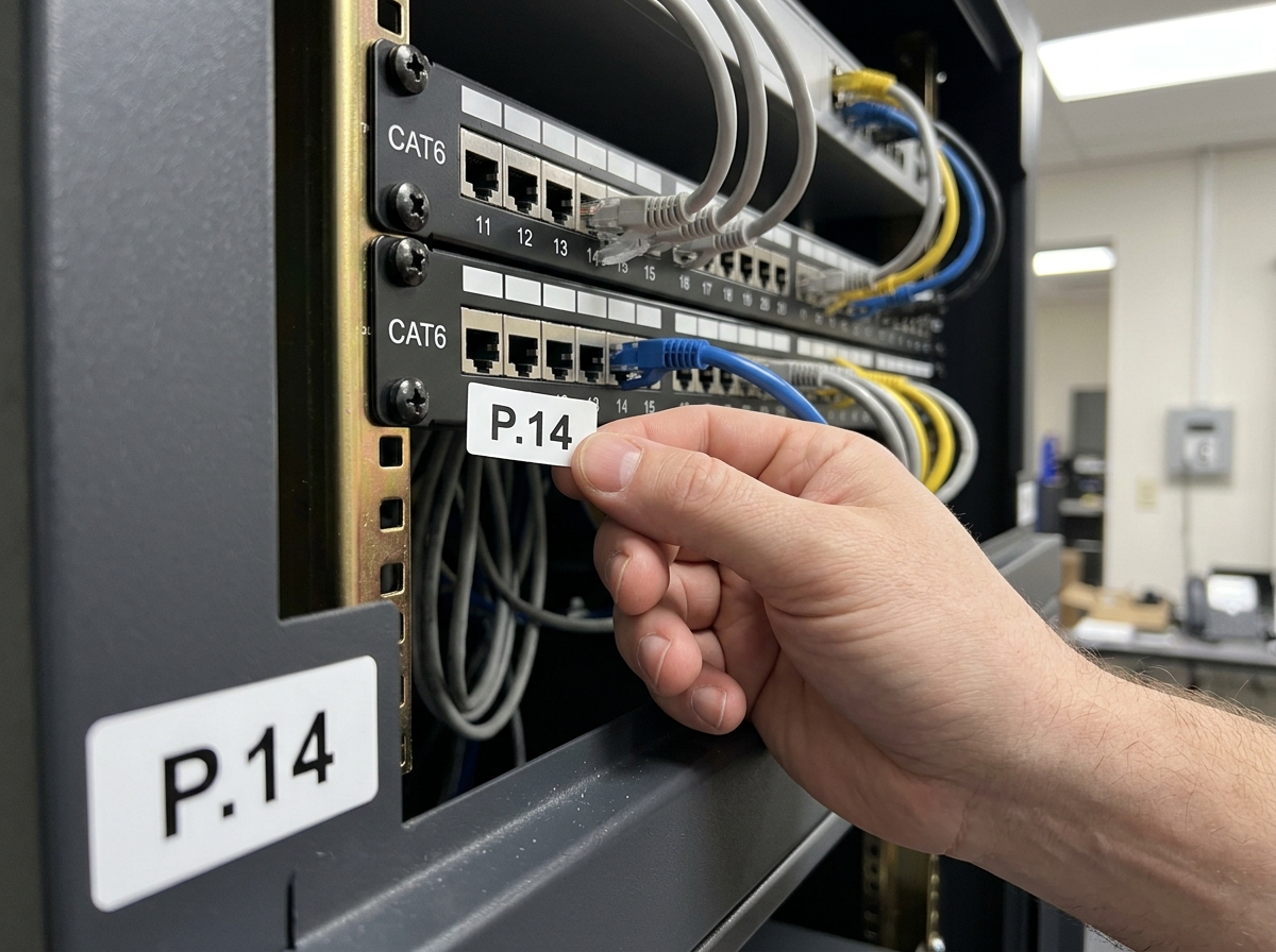 A2B Network how-to guide — labelling a wall port and matching patch panel port with the same reference code