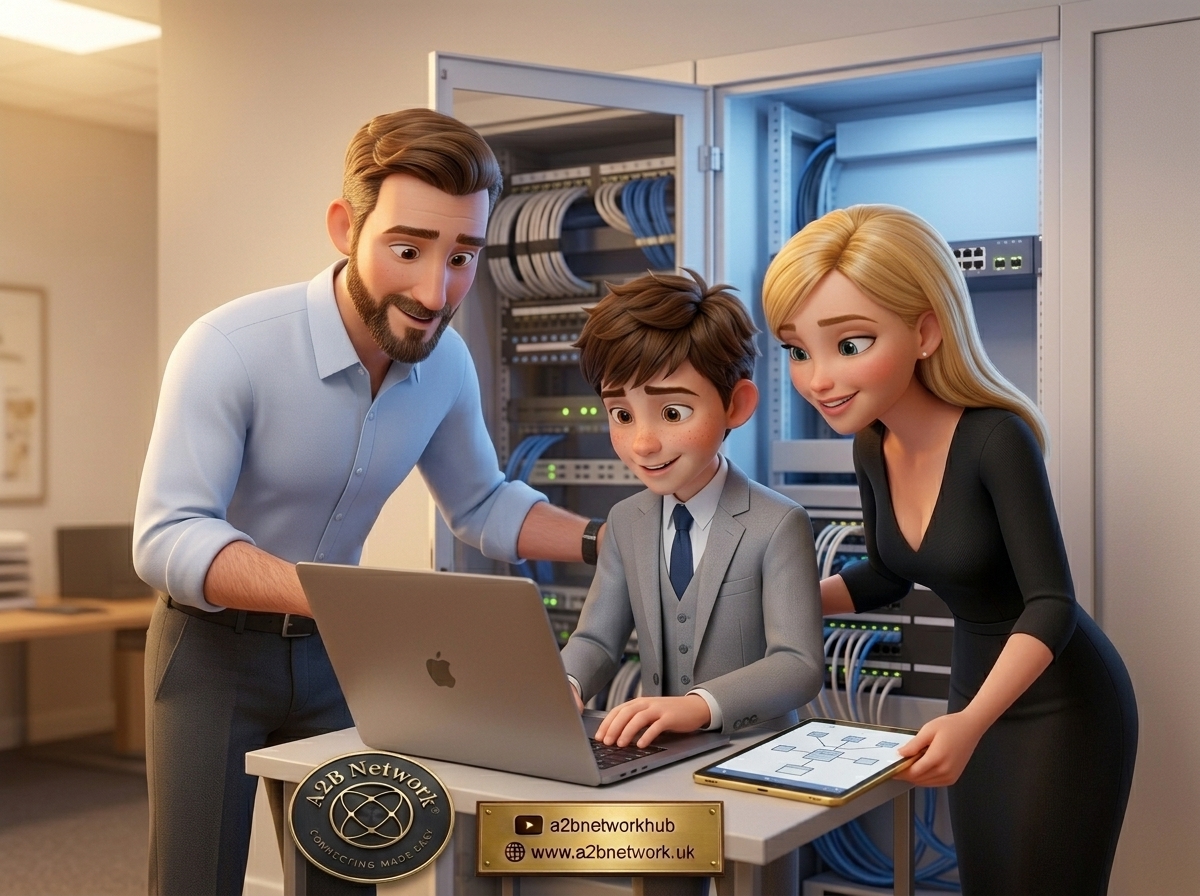 A2B Network YouTube channel — animated family characters explaining business ethernet and networking