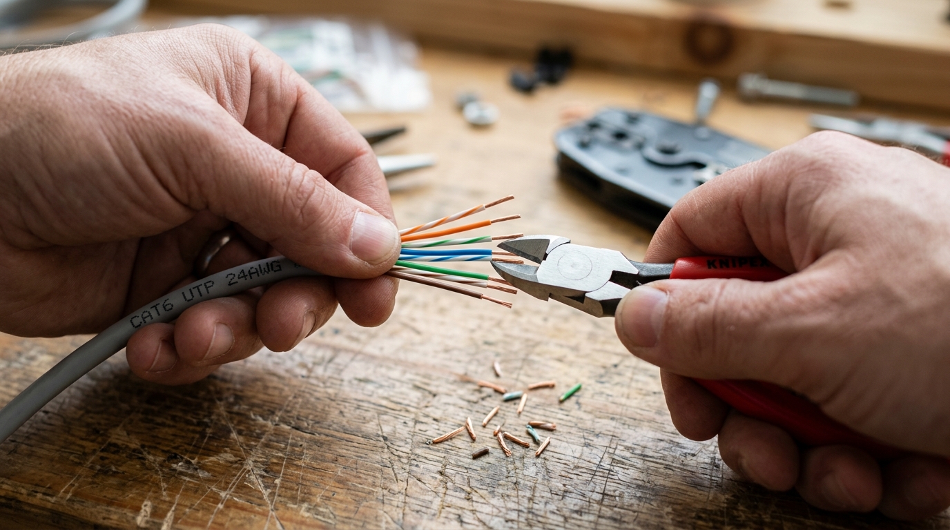 A2B Network how-to guide — trimming Ethernet wires to an even length before crimping