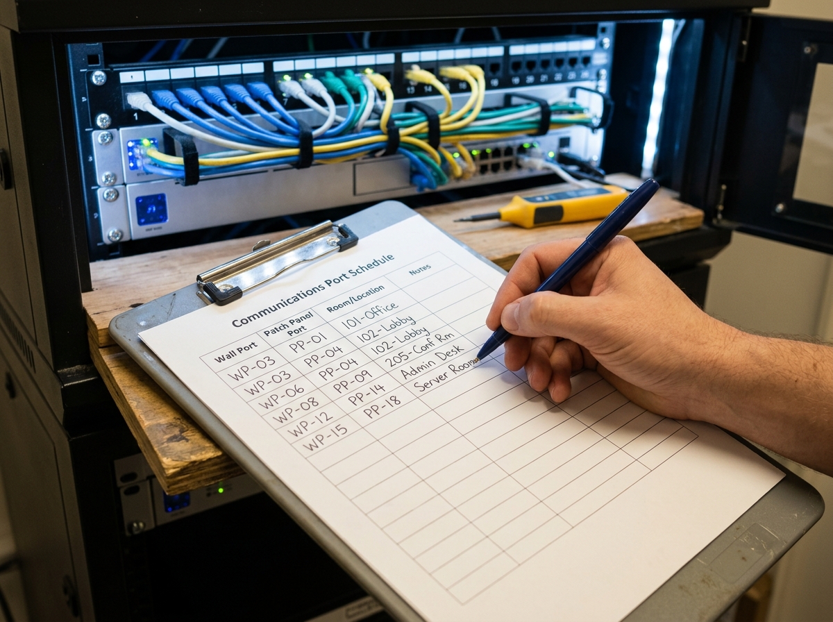 A2B Network how-to guide — recording a confirmed wall-to-patch-panel mapping in a port schedule