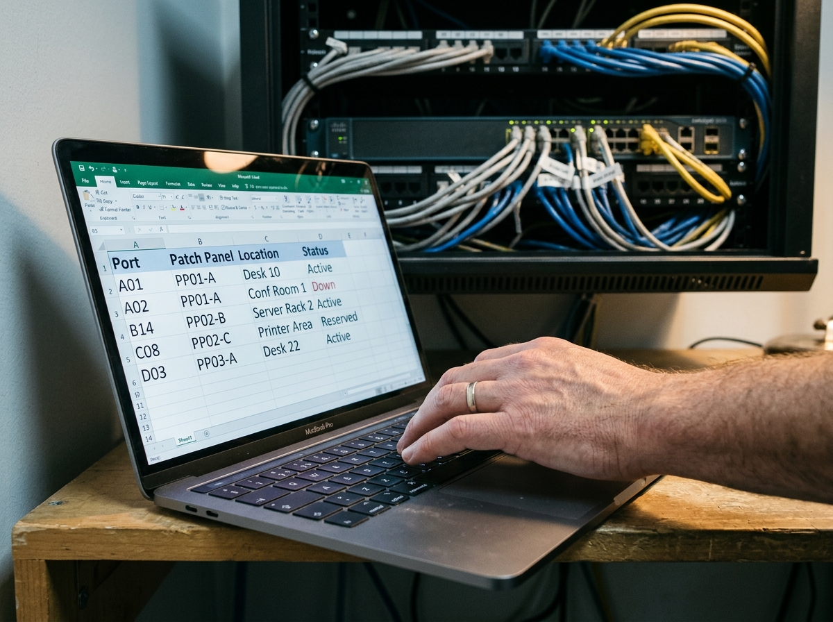 A2B Network how-to guide — updating a port schedule spreadsheet for a comms cabinet