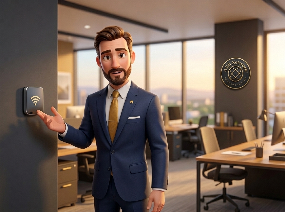 Illustrated office scene explaining business Wi-Fi setup — A2B Network Hub video
