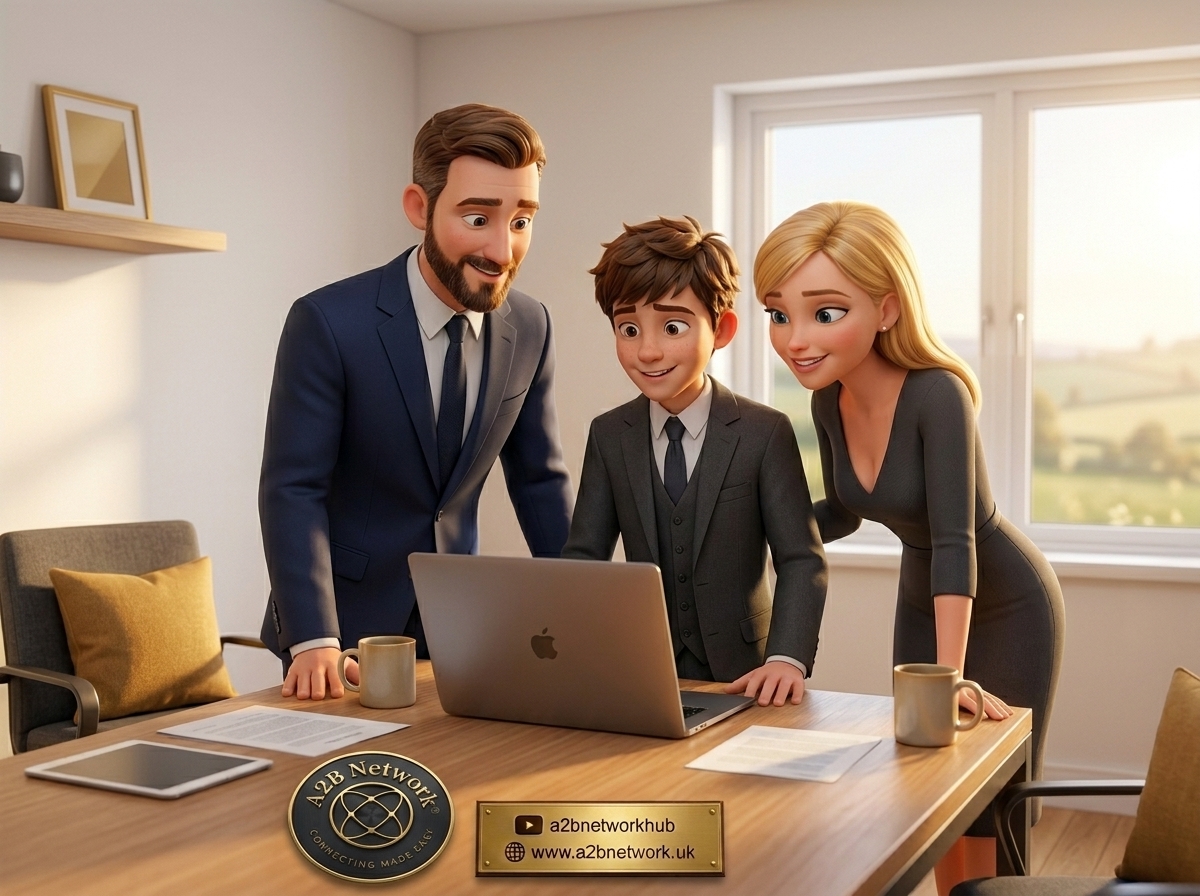 Animated family watching an A2B Network YouTube video together at home